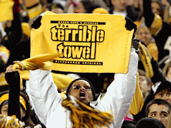 A Pittsburgh Steelers fan waves a terrible towel during the game