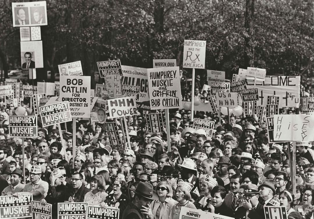 Thousands of Youngstown area residents gathered in front of Stambaugh Auditorium to await the appearance of Hubert H. Humphrey, vice president and Democratic presidential candidate, two days before the general election.