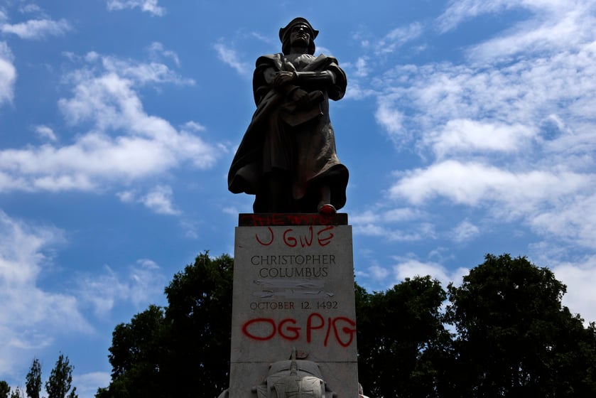 A statue of Christopher Columbus is seen in Schenley Park in the Oakland neighborhood of Pittsburgh, Tuesday, June 23, 2020. The statue, by sculptor Frank Vittor, was vandalized on June 12.