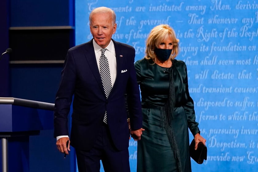 Democratic presidential candidate former Vice President Joe Biden and his wife Jill Biden during the first presidential debate Tuesday, Sept. 29, 2020, at Case Western University and Cleveland Clinic, in Cleveland, Ohio.