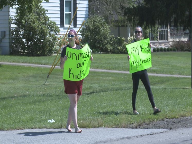Parents in West Middlesex protest the start of a mask mandate inside all schools starting Tuesday.