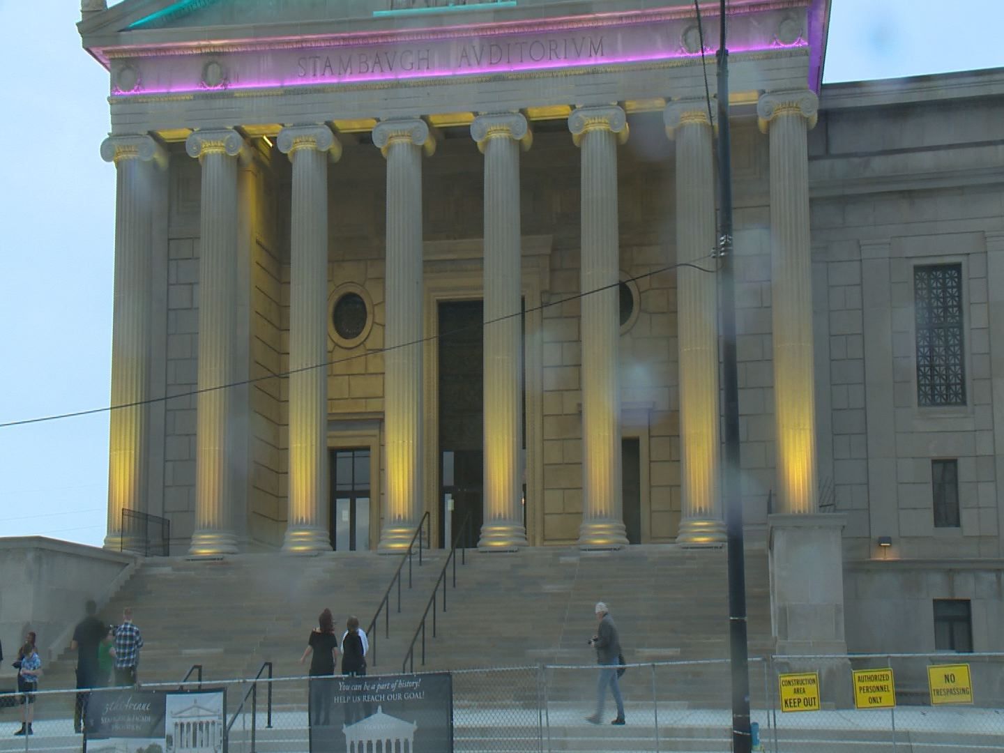 Exterior lighting shows beauty of Stambaugh Auditorium