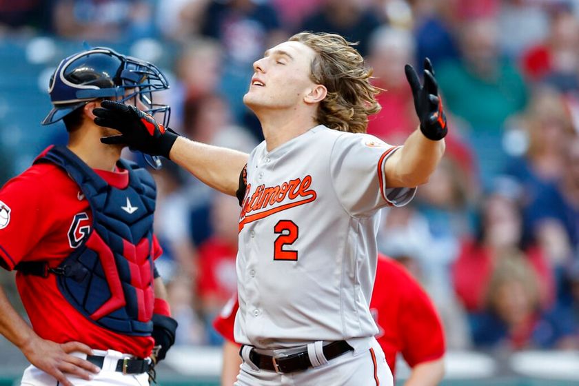 Baltimore Orioles' Gunnar Henderson celebrates his solo home run off of Cleveland Guardians starting pitcher Triston McKenzie for his first hit in his major league debut during the fourth inning of a baseball game Wednesday, Aug. 31, 2022, in Cleveland.