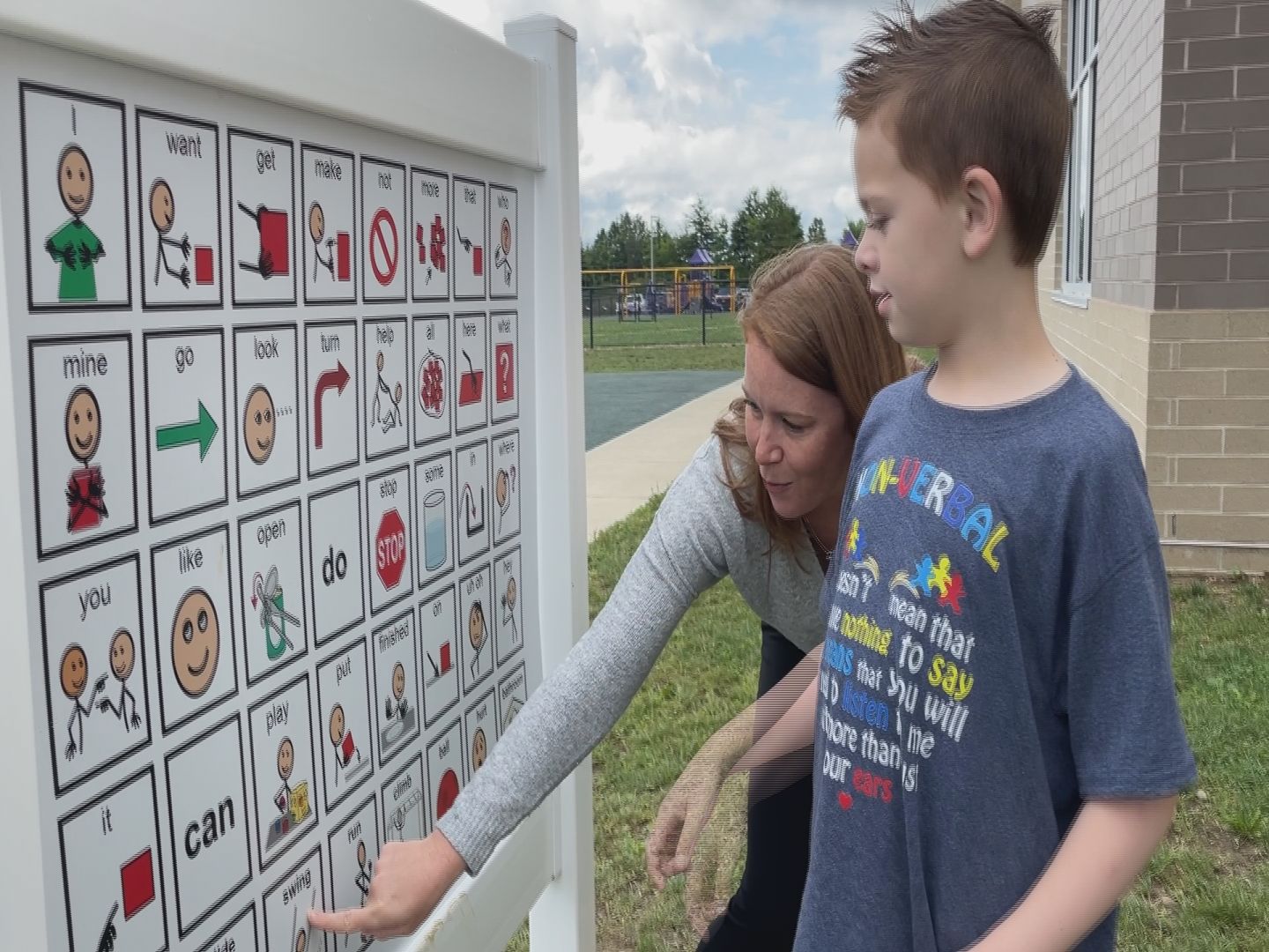 Communication board at Champion Elementary School promotes