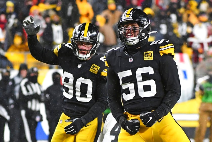Pittsburgh Steelers linebacker Alex Highsmith (56) celebrates a sack during the second half of an NFL football game against the Las Vegas Raiders in Pittsburgh, Saturday, Dec. 24, 2022.