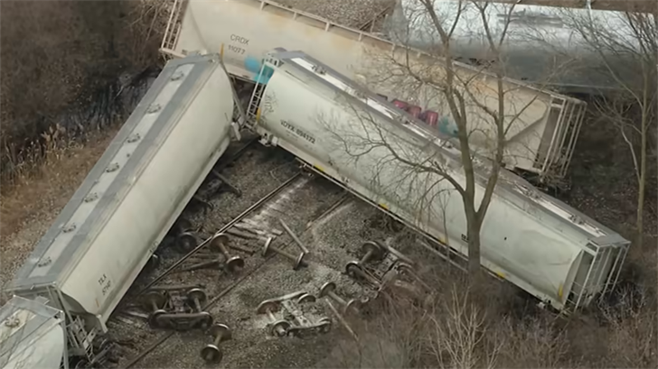 A derailed train on Feb. 16, 2023, in Van Buren Township. (WDIV)