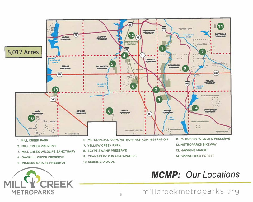 This map show the entire Mill Creek Metro Park area. Mill Creek Park takes up just a small portion in the top left corner. 