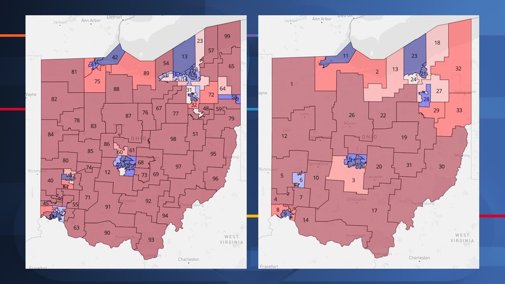 The new State House (L) and Senate (R) maps approved by the ORC in a late night vote on Tuesday.