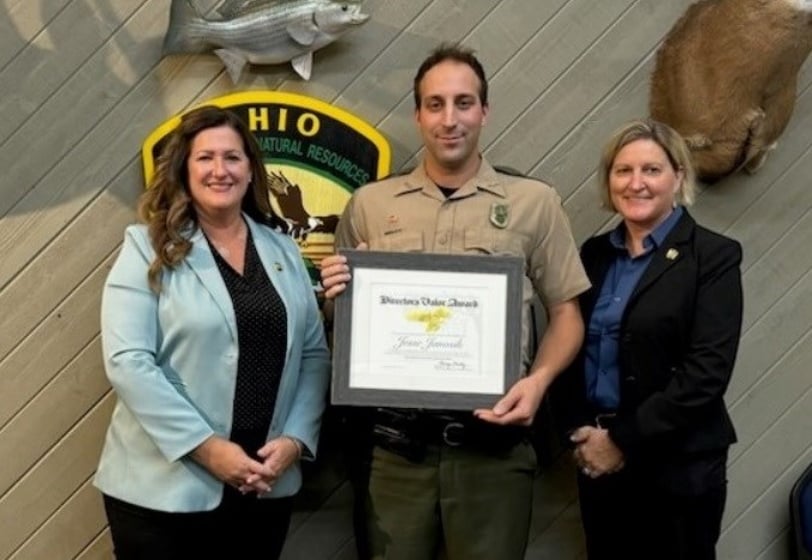 From left to right, Division of Wildlife Chief Kendra Wecker, Ohio Wildlife Officer Jesse Janosik, and Law Enforcement Executive Administrator Kandy Klosterman.