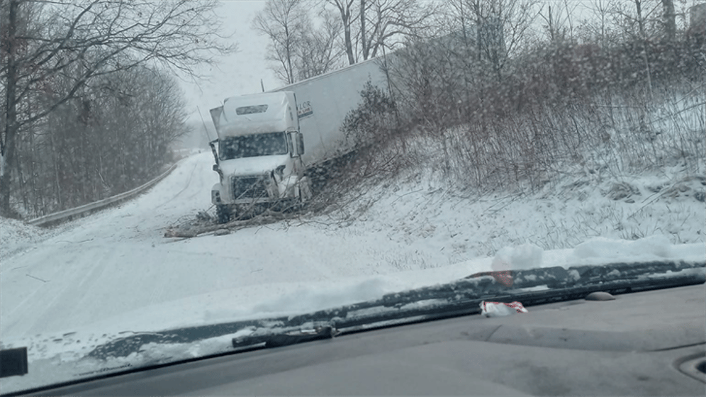 The semi left the roadway, crashing onto the road next to Interstate Thursday. Courtesy of Shyann Poling