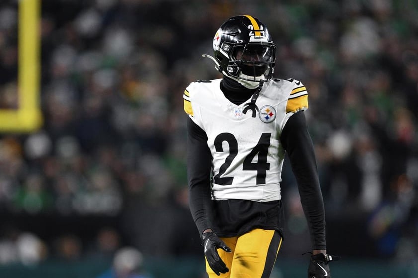 Pittsburgh Steelers cornerback Joey Porter Jr. (24) looks on between plays during the second half of an NFL football game against the Philadelphia Eagles, Sunday, Dec. 15, 2024, in Philadelphia.