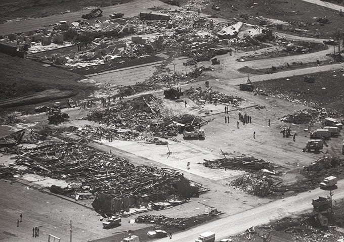An aerial view of search and cleanup efforts in Trumbull County