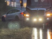 Car slides off rain-slick I-80 EB in Girard